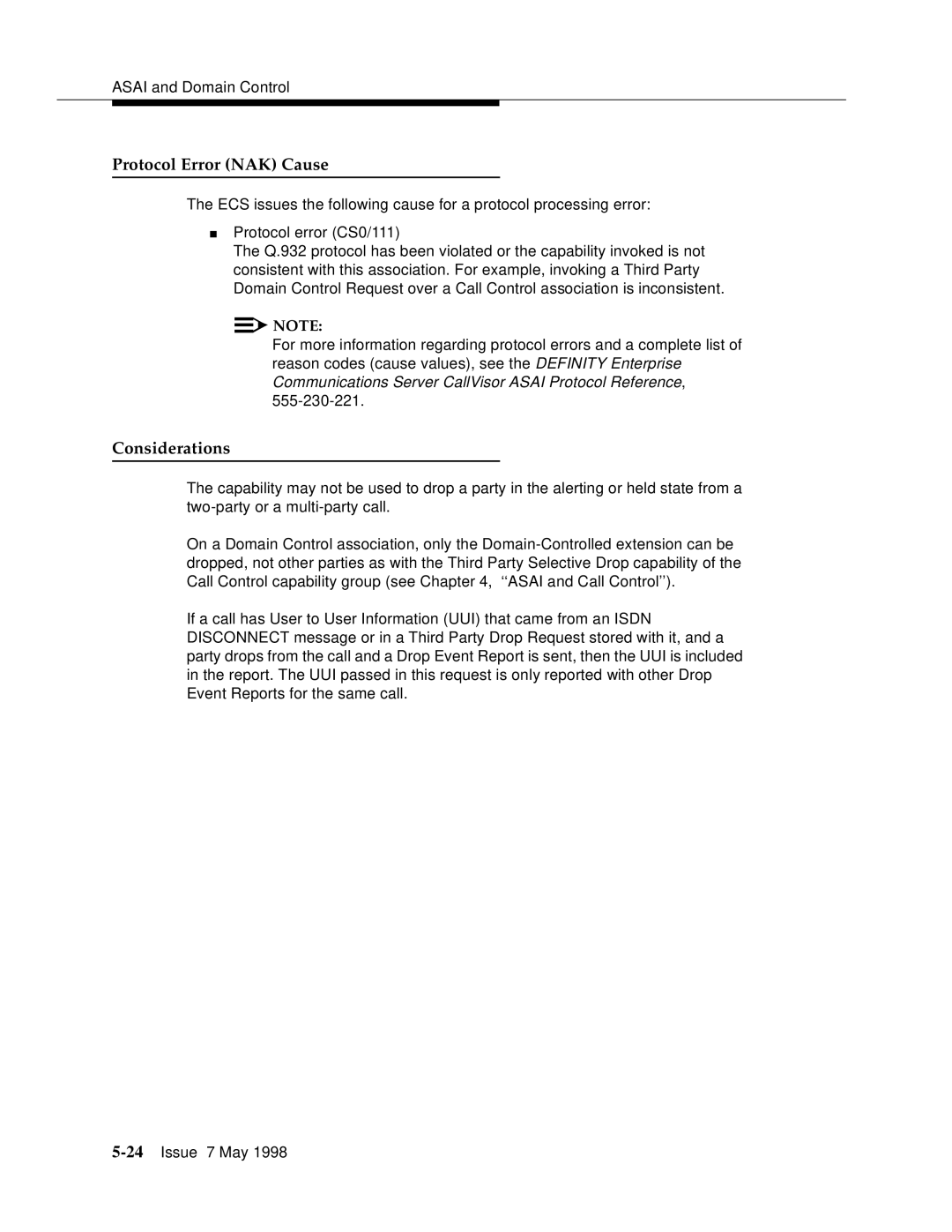 Lucent Technologies 555-230-220 manual Protocol Error NAK Cause 