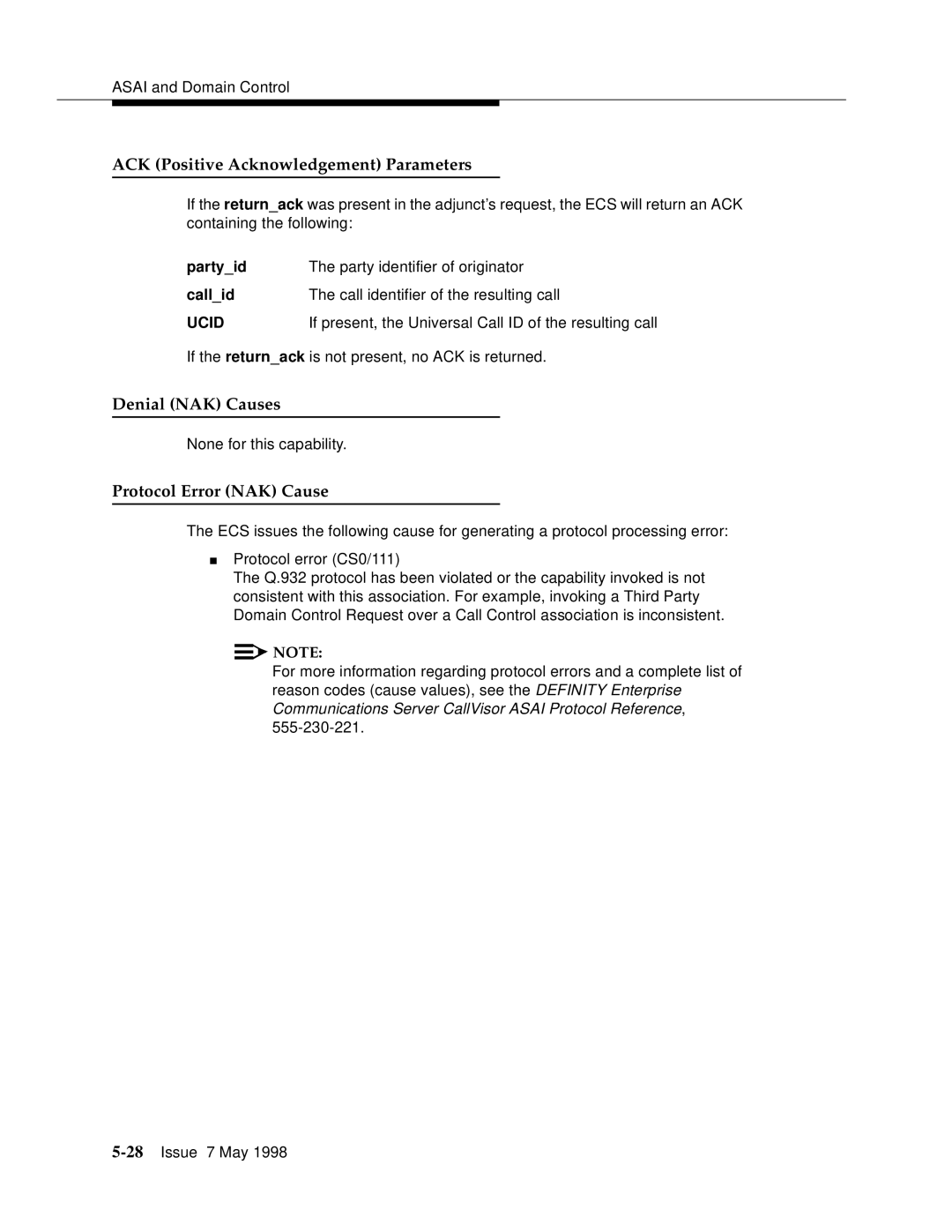 Lucent Technologies 555-230-220 manual ACK Positive Acknowledgement Parameters 