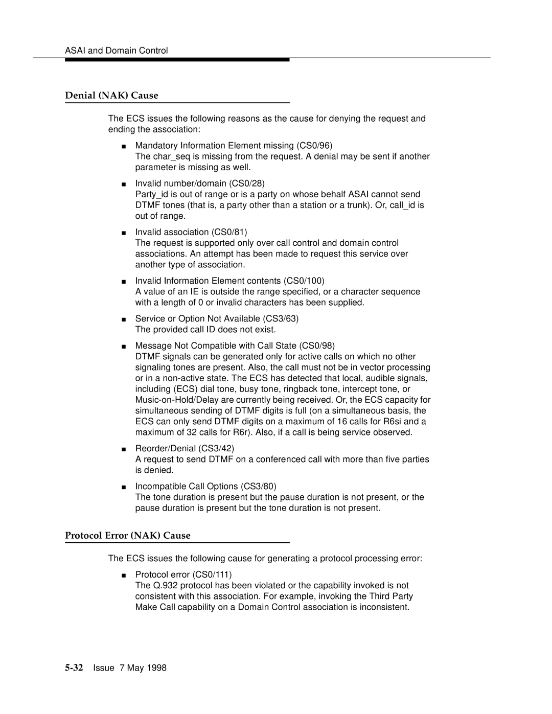 Lucent Technologies 555-230-220 manual Denial NAK Cause 