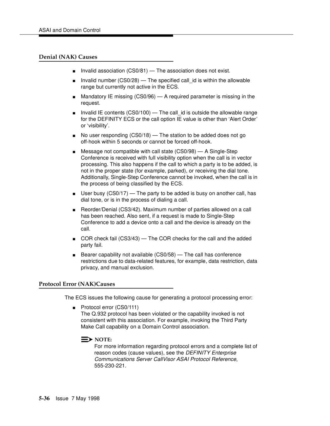 Lucent Technologies 555-230-220 manual Denial NAK Causes, Protocol Error NAKCauses 