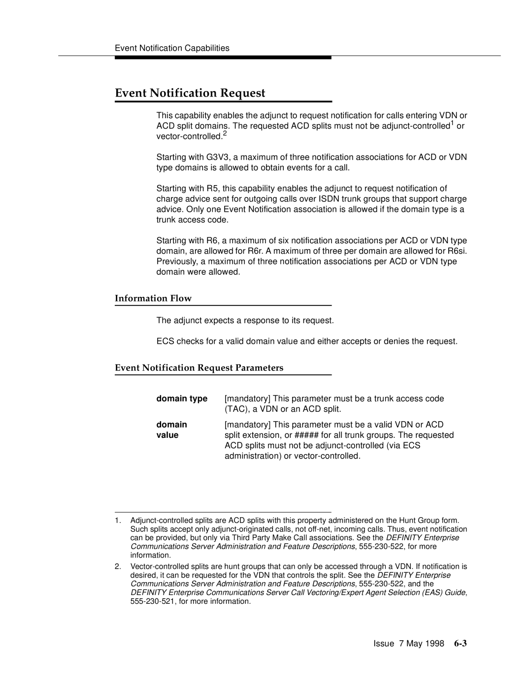 Lucent Technologies 555-230-220 manual Event Notification Request Parameters, Domain type, Value 