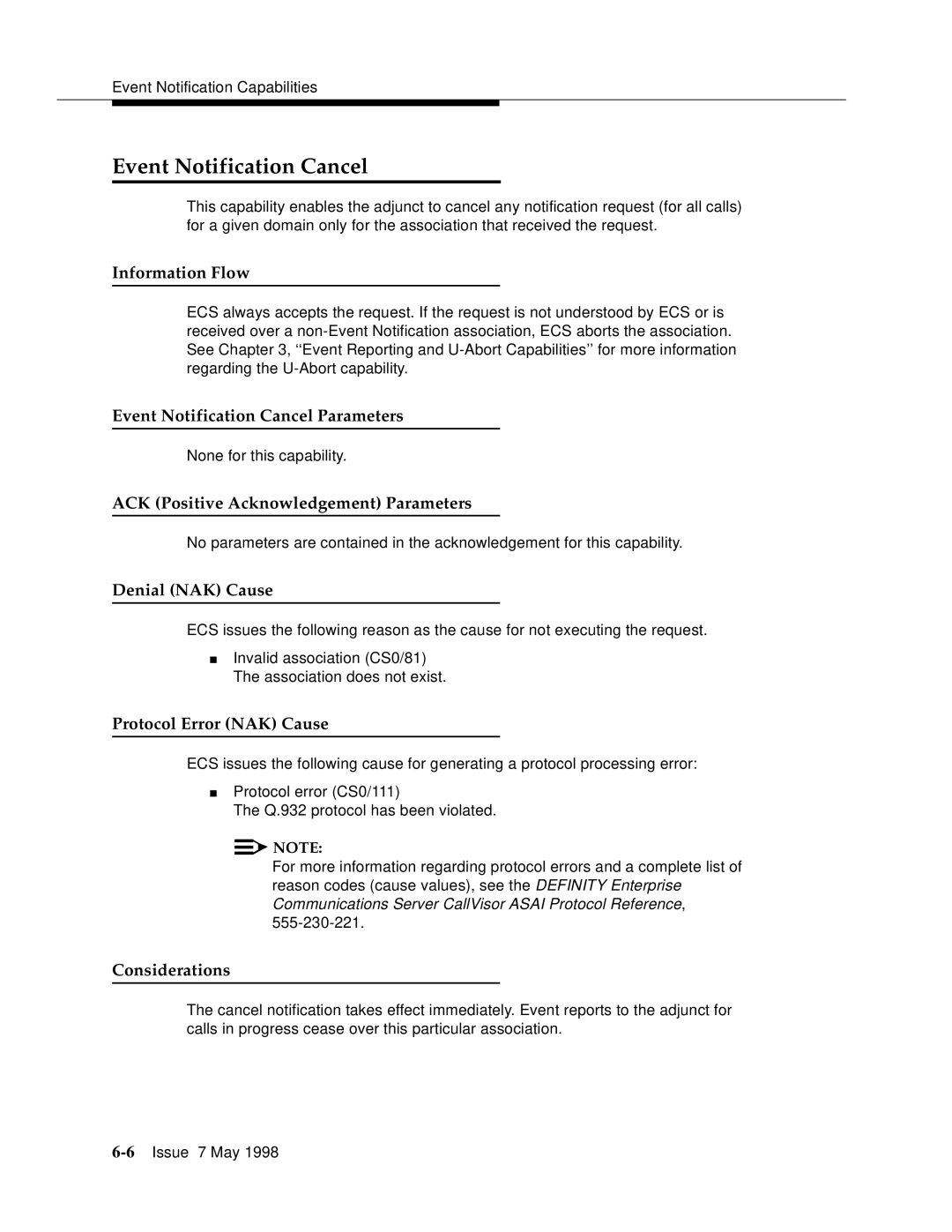 Lucent Technologies 555-230-220 manual Event Notification Cancel Parameters 