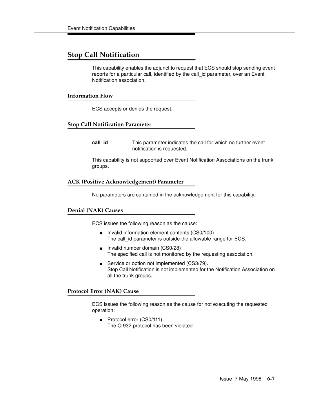 Lucent Technologies 555-230-220 manual Stop Call Notification Parameter, ACK Positive Acknowledgement Parameter 