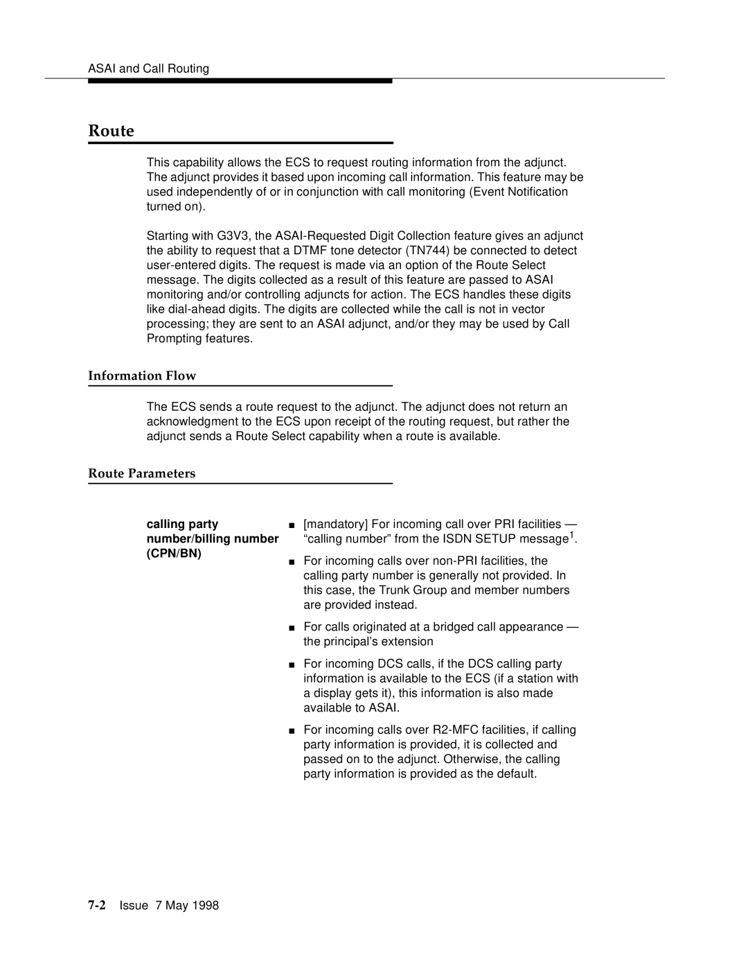 Lucent Technologies 555-230-220 manual Route Parameters, Calling party, Number/billing number 