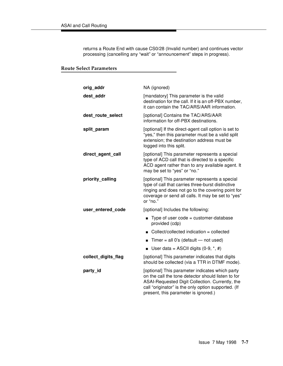 Lucent Technologies 555-230-220 manual Route Select Parameters, Userenteredcode, Collectdigitsflag 