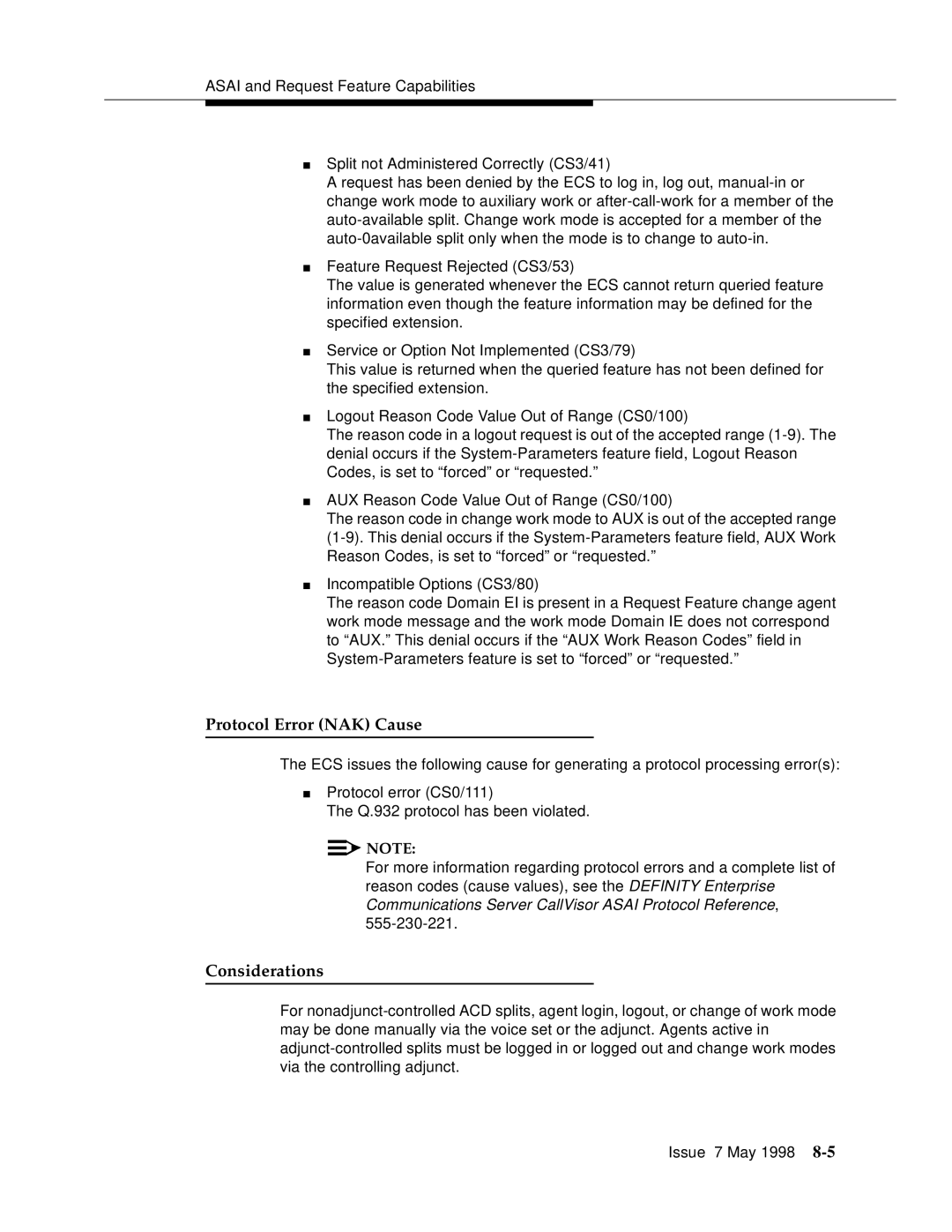 Lucent Technologies 555-230-220 manual Protocol Error NAK Cause 