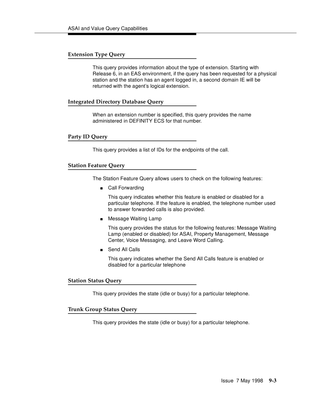 Lucent Technologies 555-230-220 manual Extension Type Query, Integrated Directory Database Query, Party ID Query 