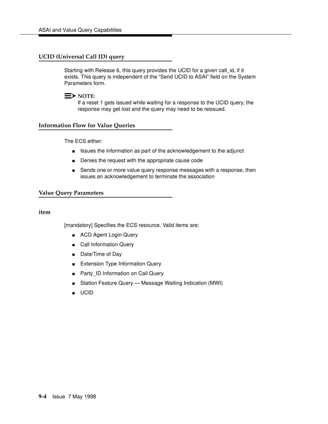 Lucent Technologies 555-230-220 Ucid Universal Call ID query, Information Flow for Value Queries, Value Query Parameters 