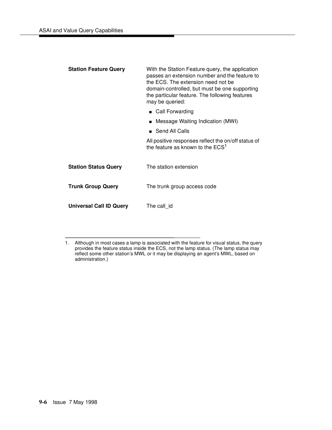 Lucent Technologies 555-230-220 Station Feature Query, Station Status Query, Trunk Group Query, Universal Call ID Query 