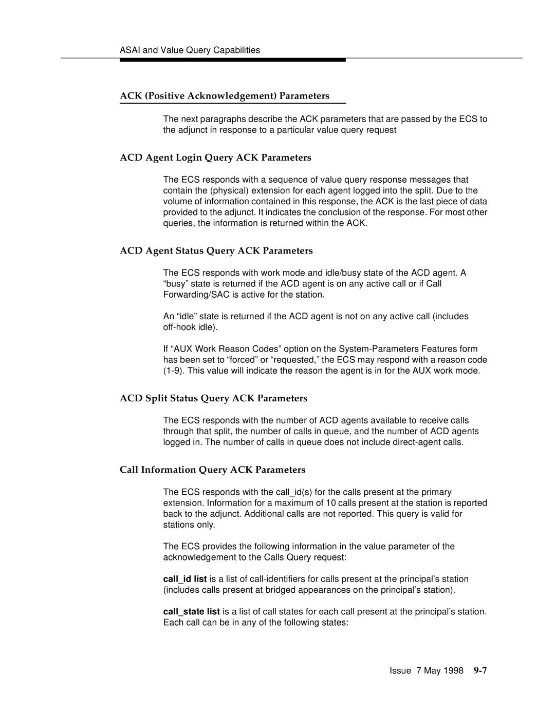 Lucent Technologies 555-230-220 manual ACD Agent Login Query ACK Parameters, ACD Agent Status Query ACK Parameters 