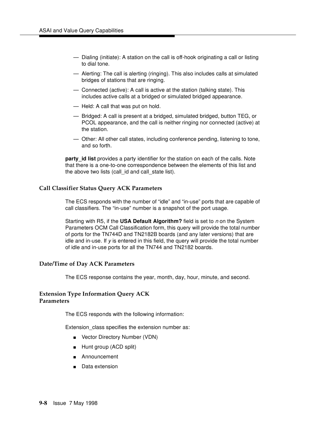 Lucent Technologies 555-230-220 manual Call Classifier Status Query ACK Parameters, Date/Time of Day ACK Parameters 