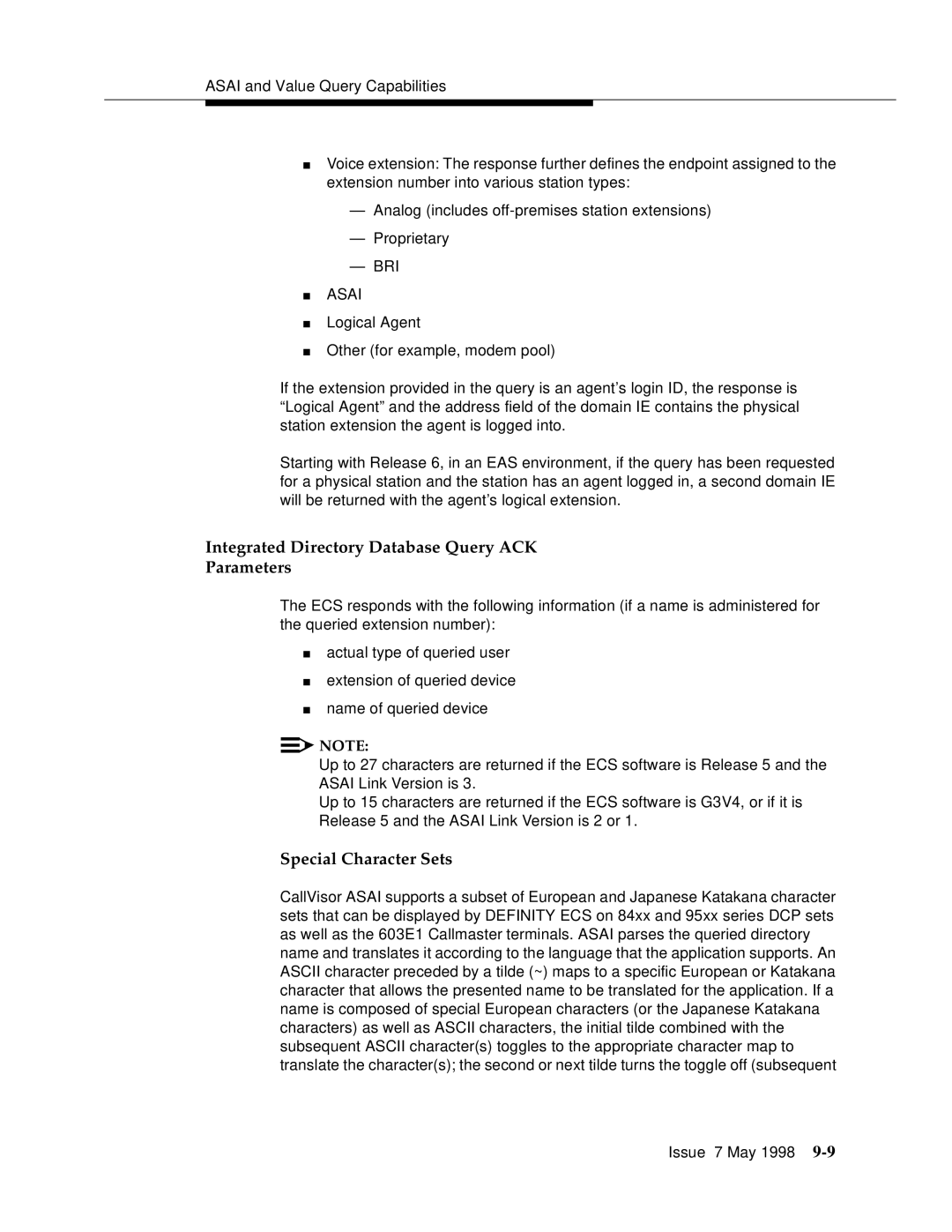 Lucent Technologies 555-230-220 manual Integrated Directory Database Query ACK Parameters, Special Character Sets 