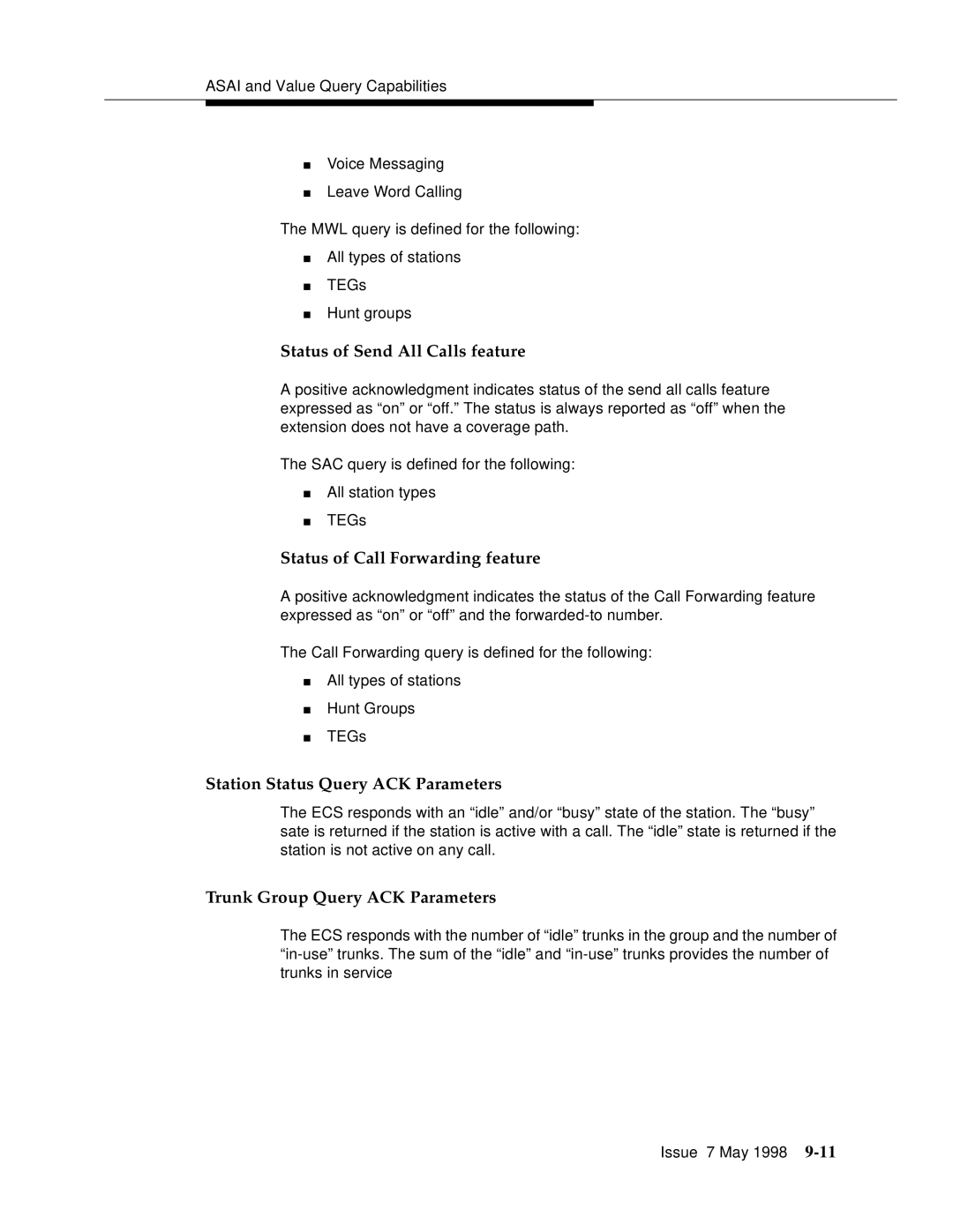 Lucent Technologies 555-230-220 manual Status of Send All Calls feature, Status of Call Forwarding feature 