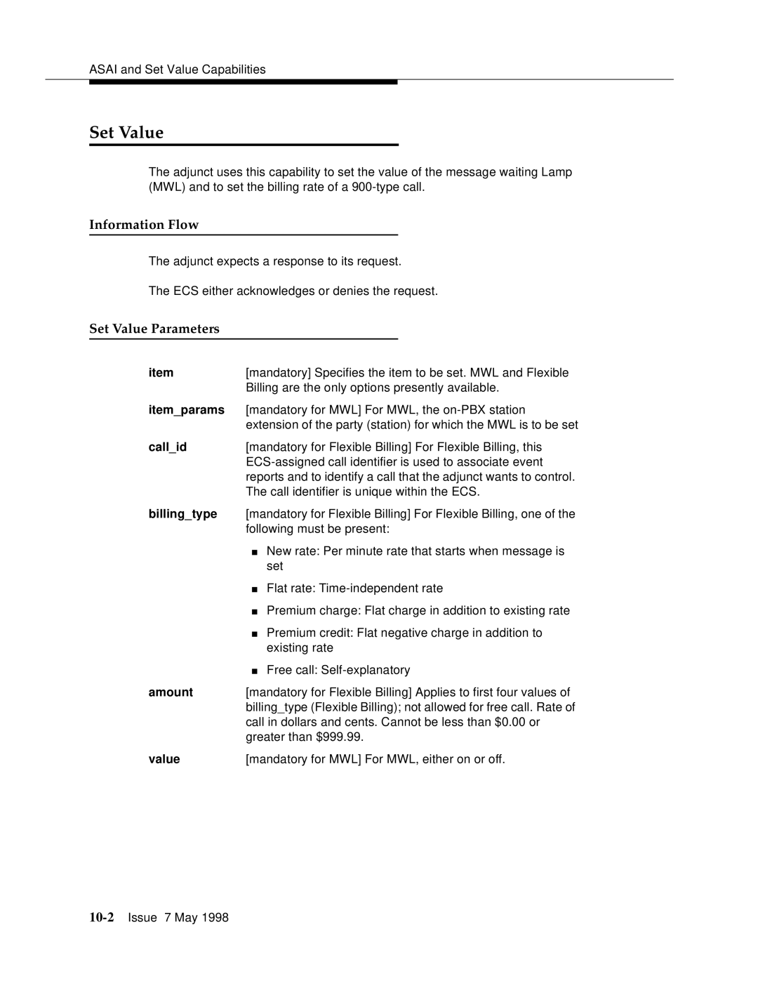 Lucent Technologies 555-230-220 manual Set Value Parameters, Itemparams, Billingtype, Amount 