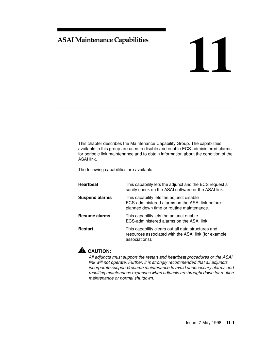 Lucent Technologies 555-230-220 manual Asai Maintenance Capabilities11, Heartbeat, Suspend alarms, Resume alarms, Restart 