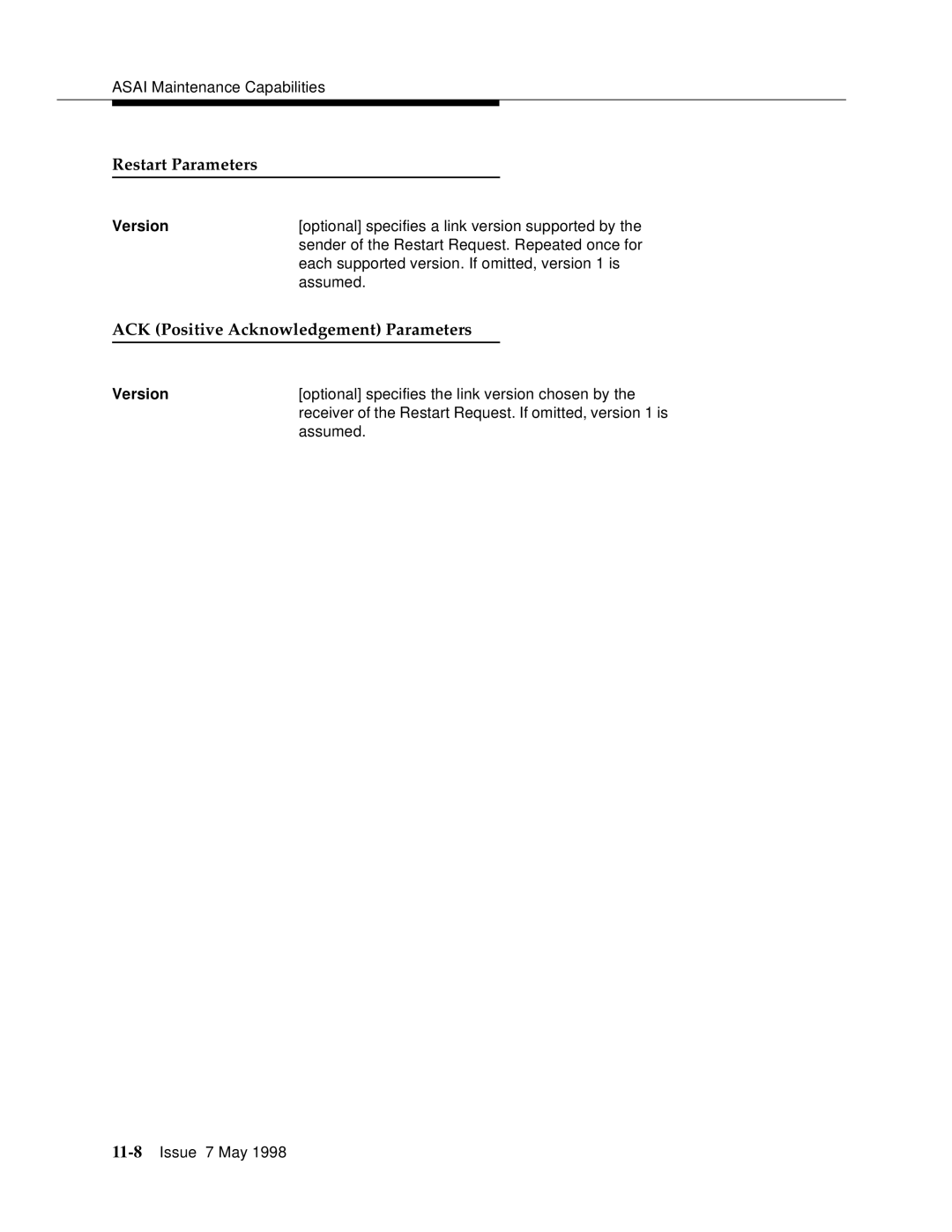 Lucent Technologies 555-230-220 manual Restart Parameters, Version 