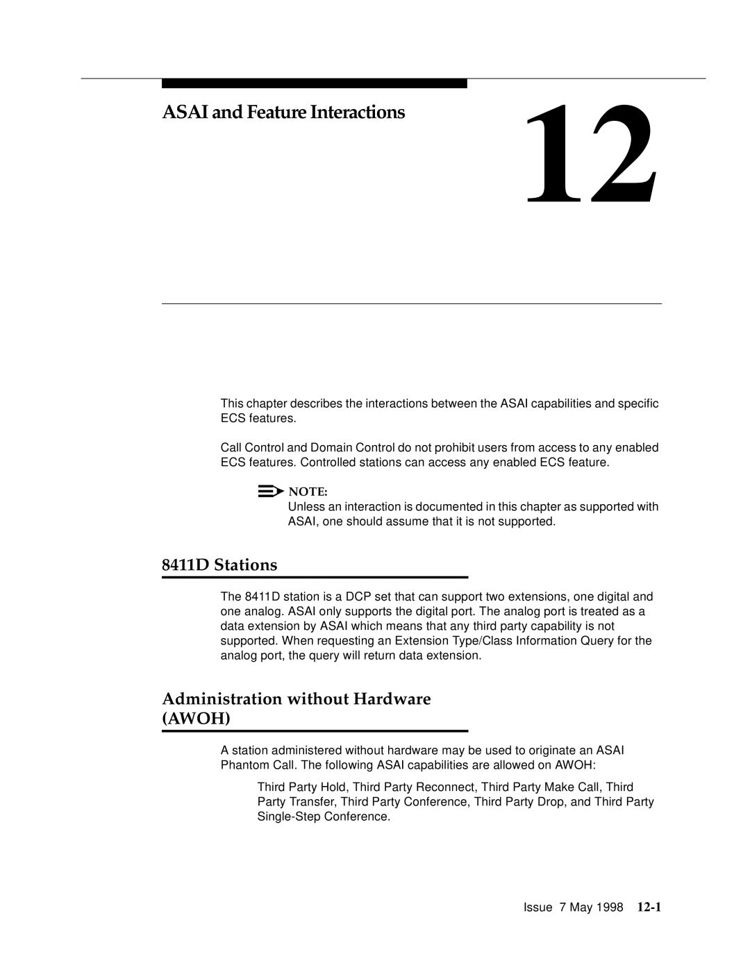 Lucent Technologies 555-230-220 Asai and Feature Interactions12, 8411D Stations, Administration without Hardware Awoh 