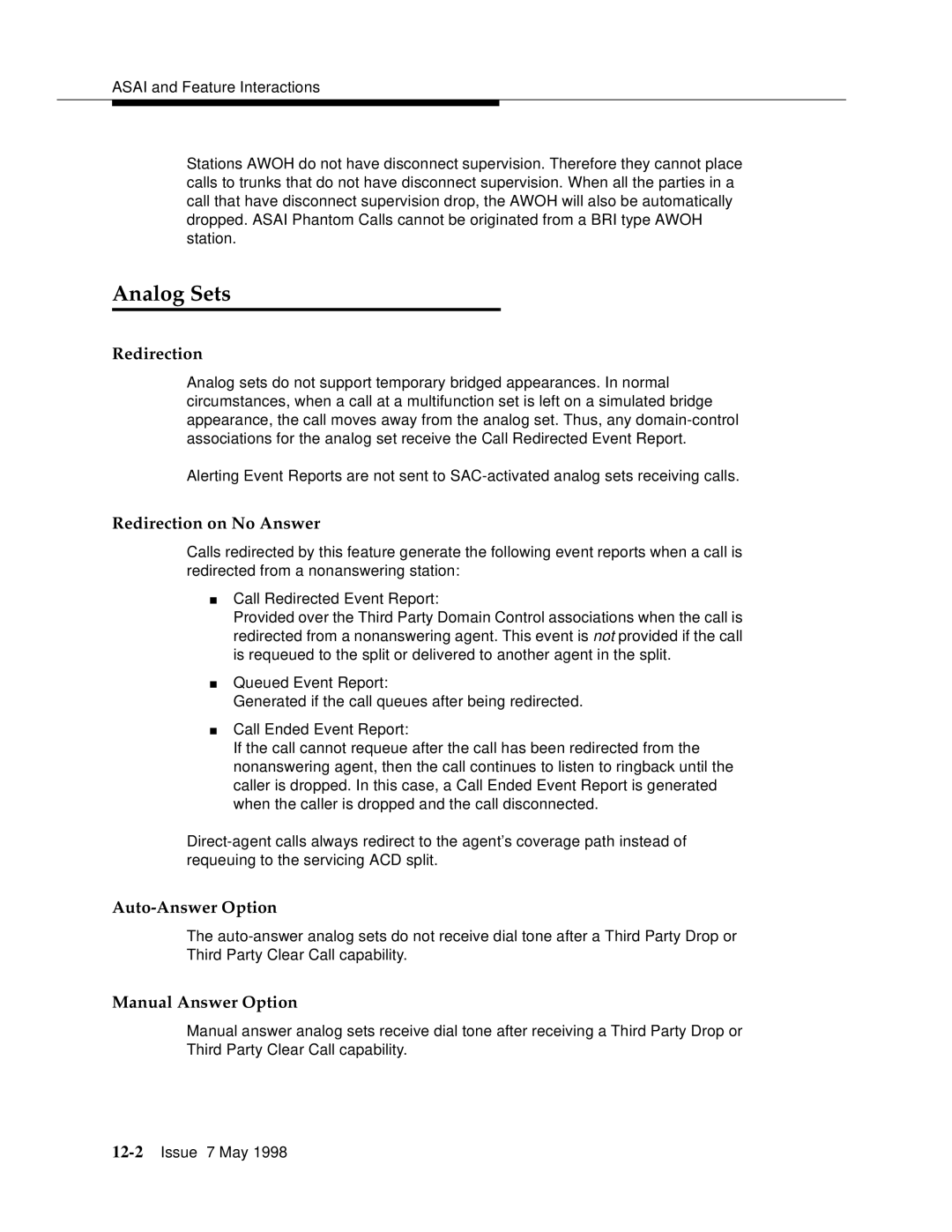 Lucent Technologies 555-230-220 manual Analog Sets, Redirection on No Answer, Auto-Answer Option, Manual Answer Option 