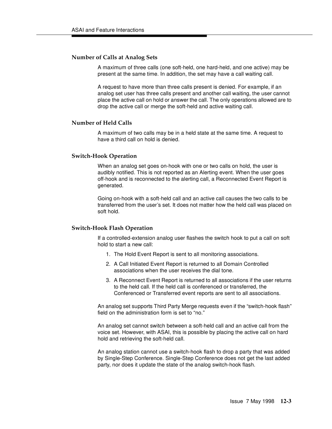 Lucent Technologies 555-230-220 manual Number of Calls at Analog Sets, Number of Held Calls, Switch-Hook Operation 