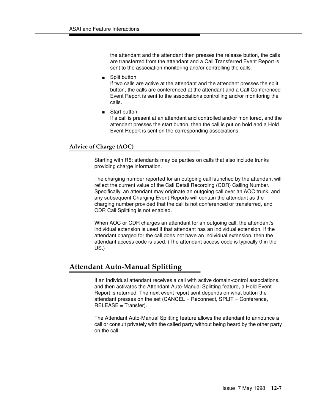 Lucent Technologies 555-230-220 manual Attendant Auto-Manual Splitting, Advice of Charge AOC 