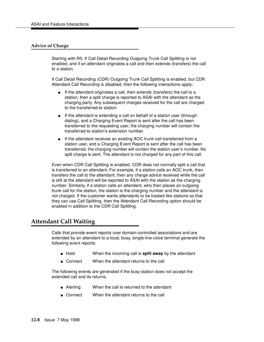 Lucent Technologies 555-230-220 manual Attendant Call Waiting, Advice of Charge 