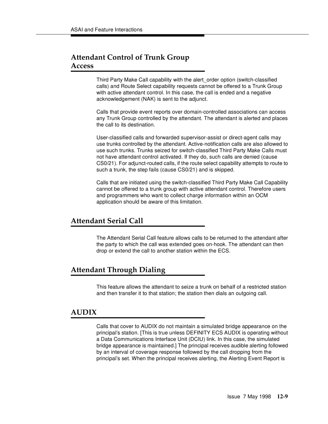 Lucent Technologies 555-230-220 Attendant Control of Trunk Group Access, Attendant Serial Call, Attendant Through Dialing 