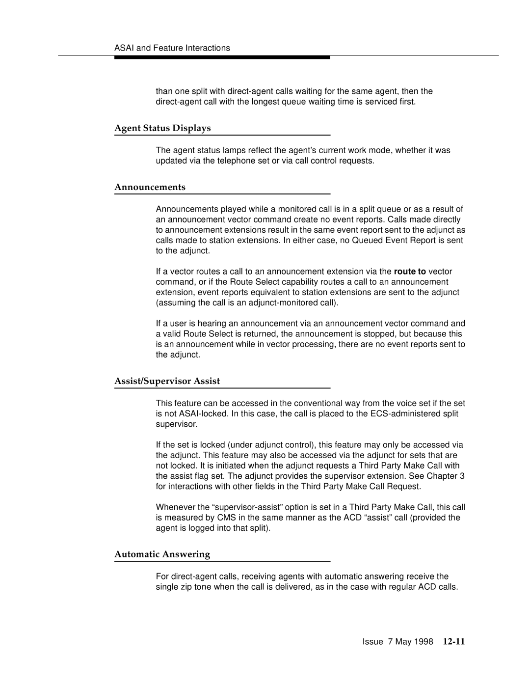 Lucent Technologies 555-230-220 manual Agent Status Displays, Announcements, Assist/Supervisor Assist, Automatic Answering 