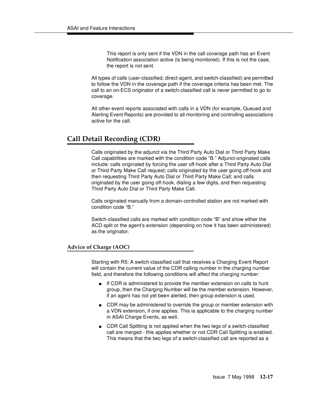 Lucent Technologies 555-230-220 manual Call Detail Recording CDR, Advice of Charge AOC 