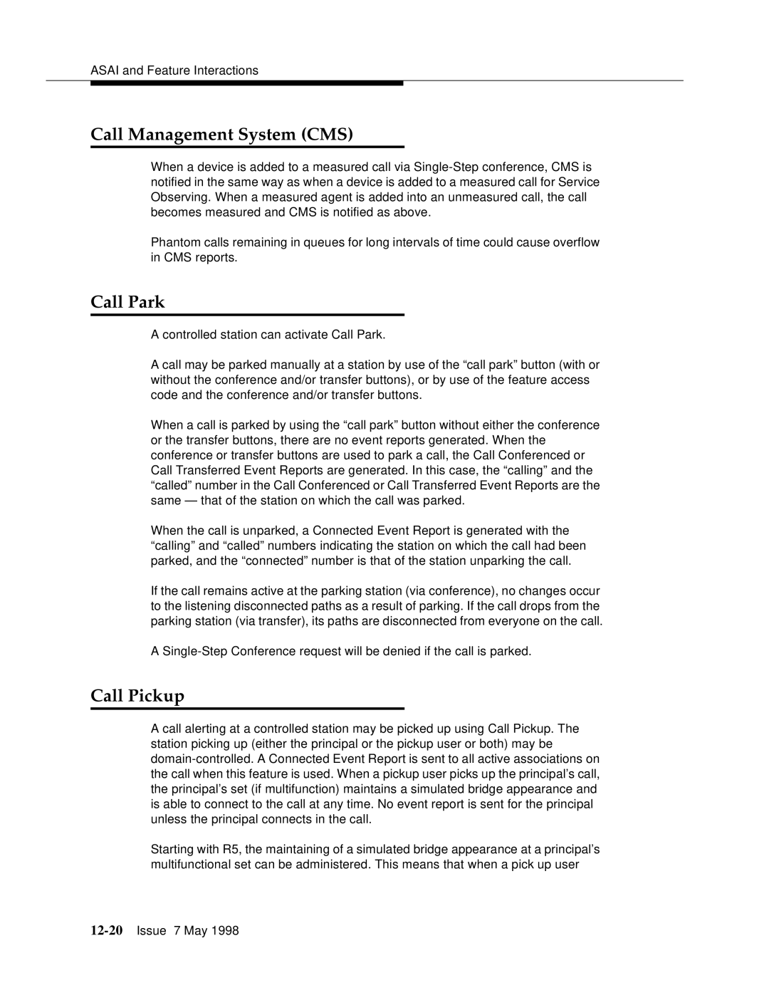 Lucent Technologies 555-230-220 manual Call Management System CMS, Call Park, Call Pickup 