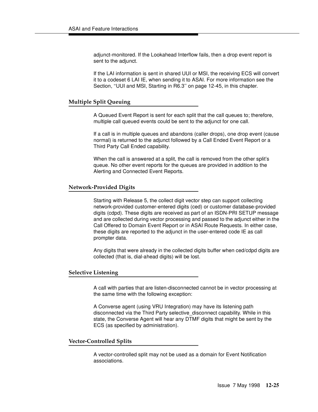 Lucent Technologies 555-230-220 manual Multiple Split Queuing, Network-Provided Digits, Selective Listening 