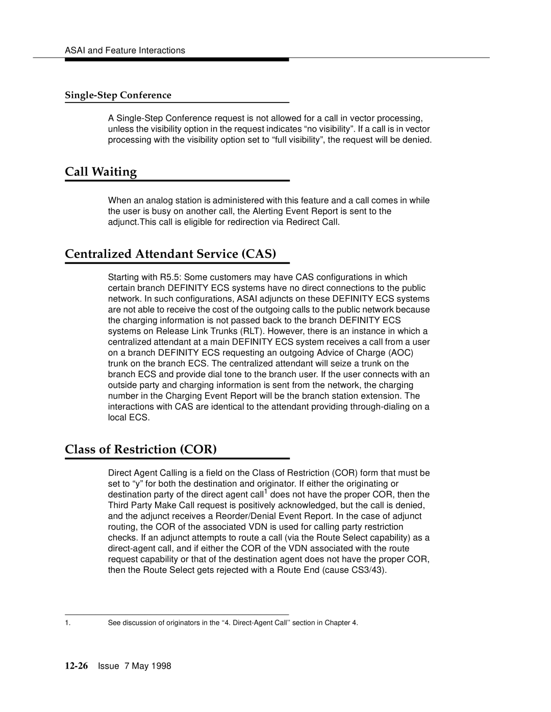 Lucent Technologies 555-230-220 manual Call Waiting, Centralized Attendant Service CAS, Class of Restriction COR 