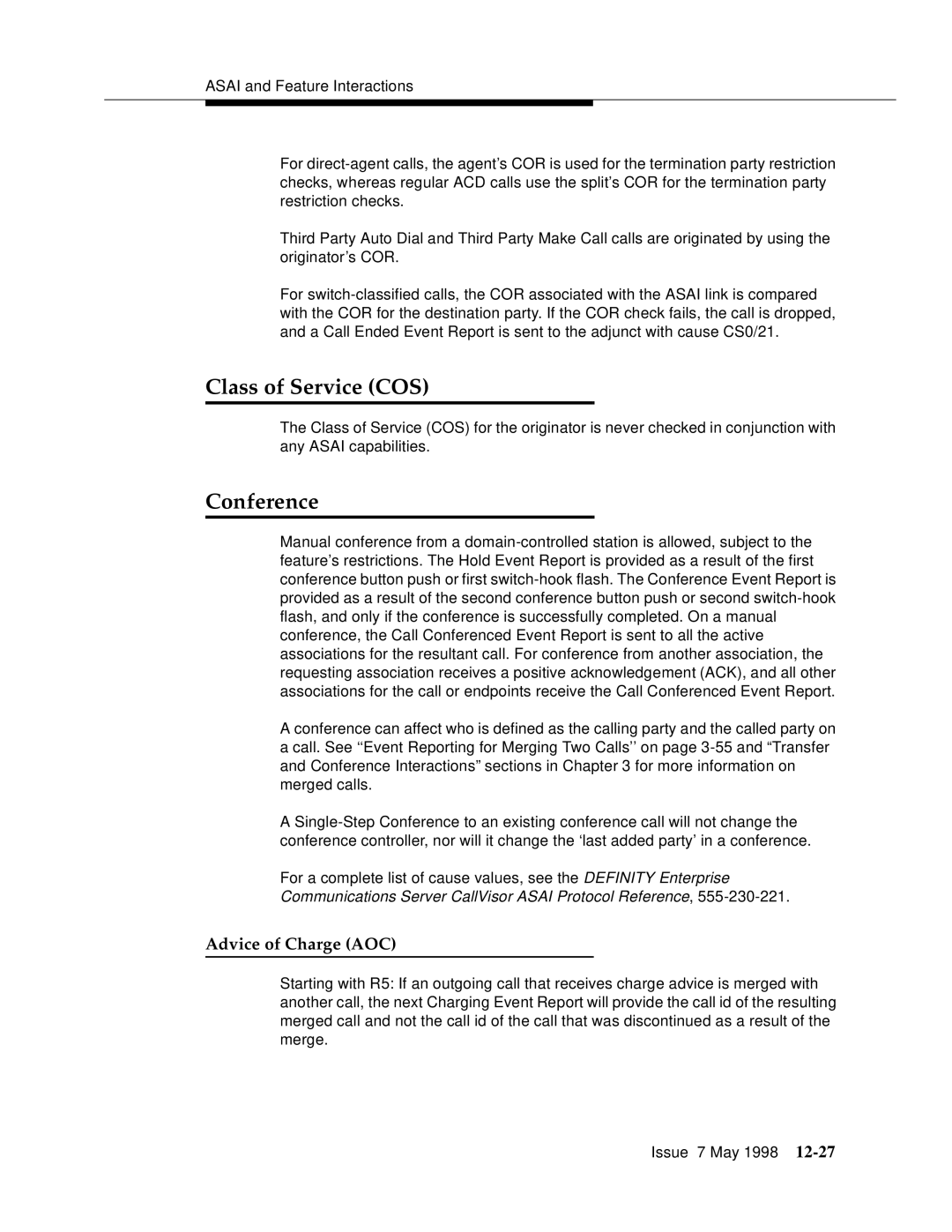 Lucent Technologies 555-230-220 manual Class of Service COS, Conference 