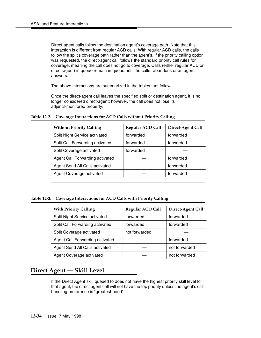 Lucent Technologies 555-230-220 manual Direct Agent Skill Level 