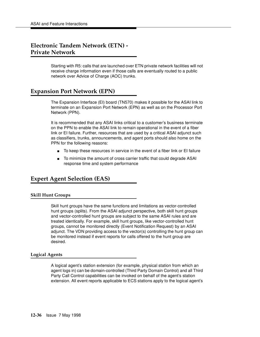 Lucent Technologies 555-230-220 Electronic Tandem Network ETN Private Network, Expansion Port Network EPN, Logical Agents 