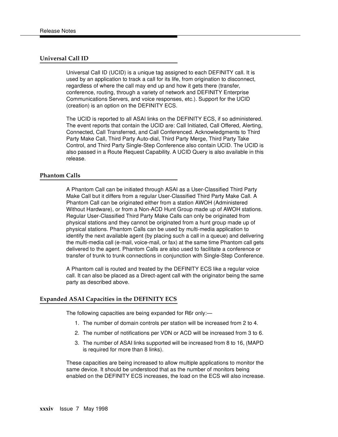 Lucent Technologies 555-230-220 manual Universal Call ID, Phantom Calls, Expanded Asai Capacities in the Definity ECS 