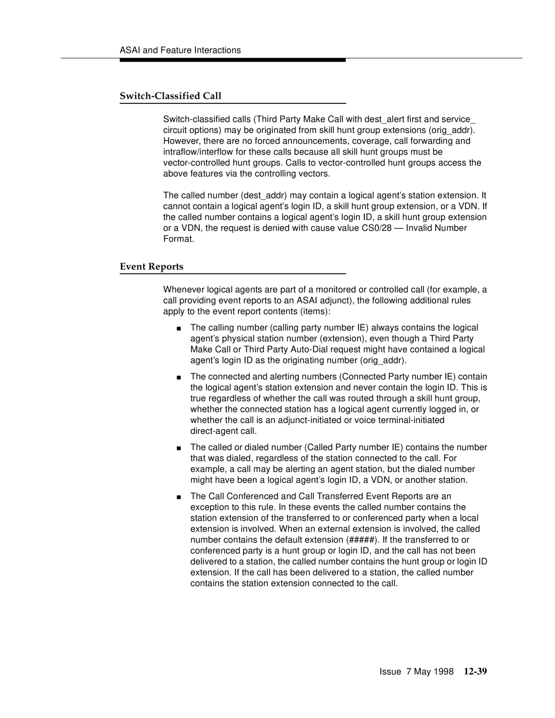 Lucent Technologies 555-230-220 manual Switch-Classified Call, Event Reports 