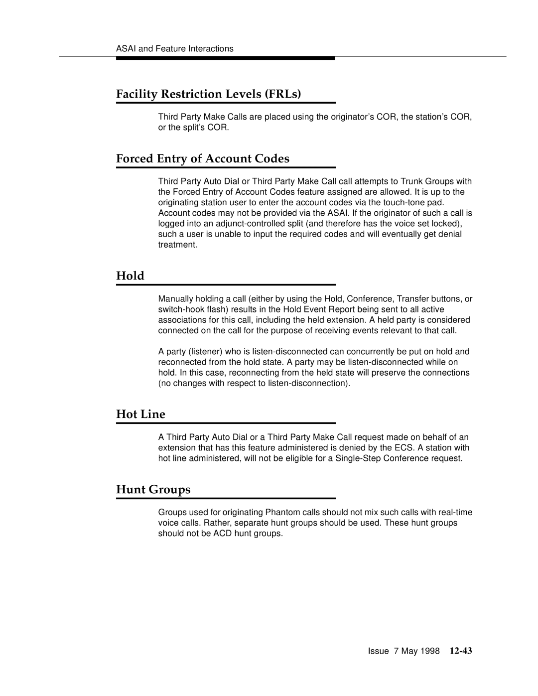 Lucent Technologies 555-230-220 manual Facility Restriction Levels FRLs, Forced Entry of Account Codes, Hold, Hot Line 