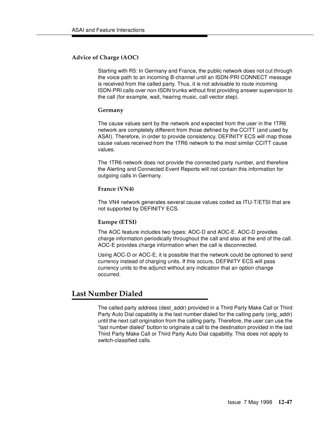 Lucent Technologies 555-230-220 manual Last Number Dialed, Germany, France VN4, Europe Etsi 