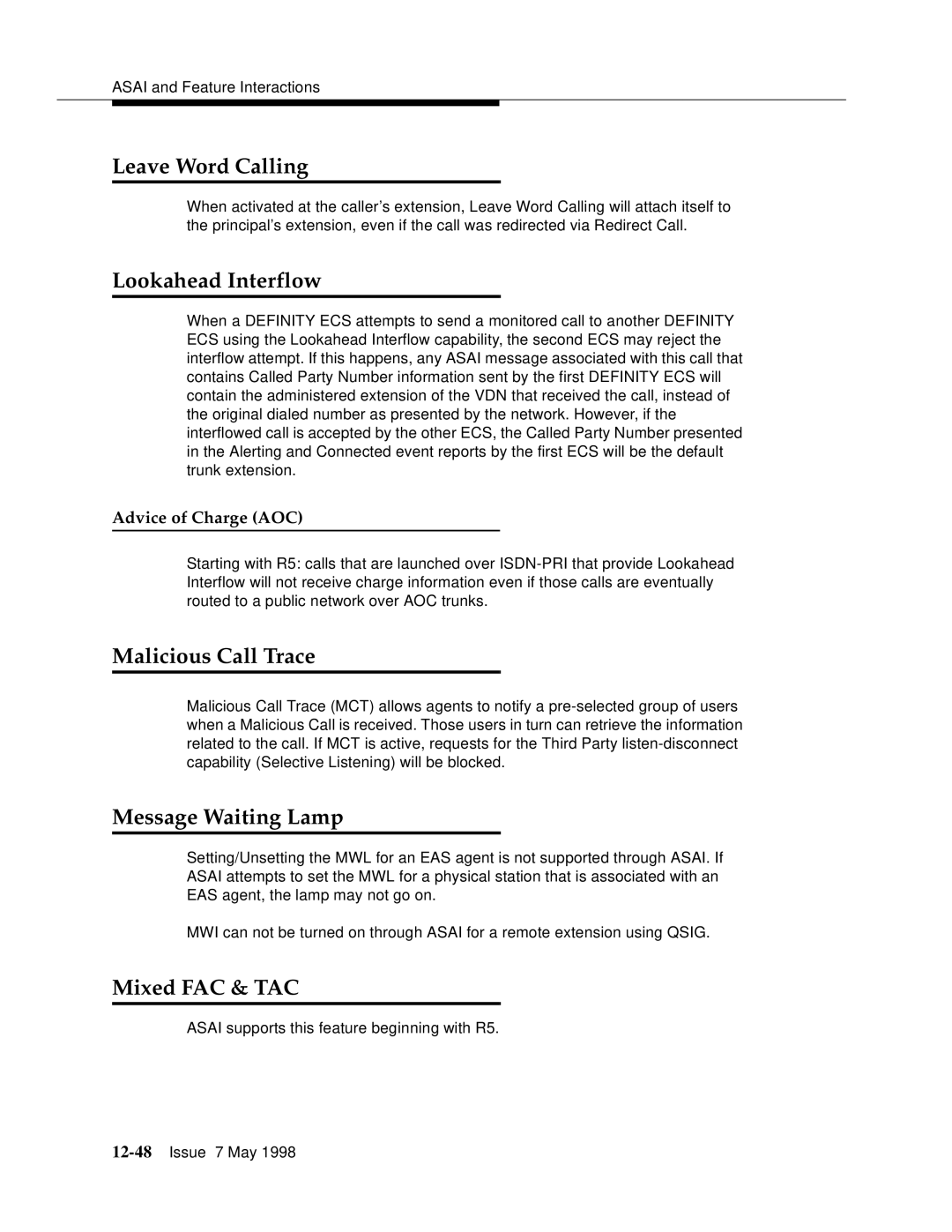 Lucent Technologies 555-230-220 manual Leave Word Calling, Lookahead Interflow, Malicious Call Trace, Message Waiting Lamp 