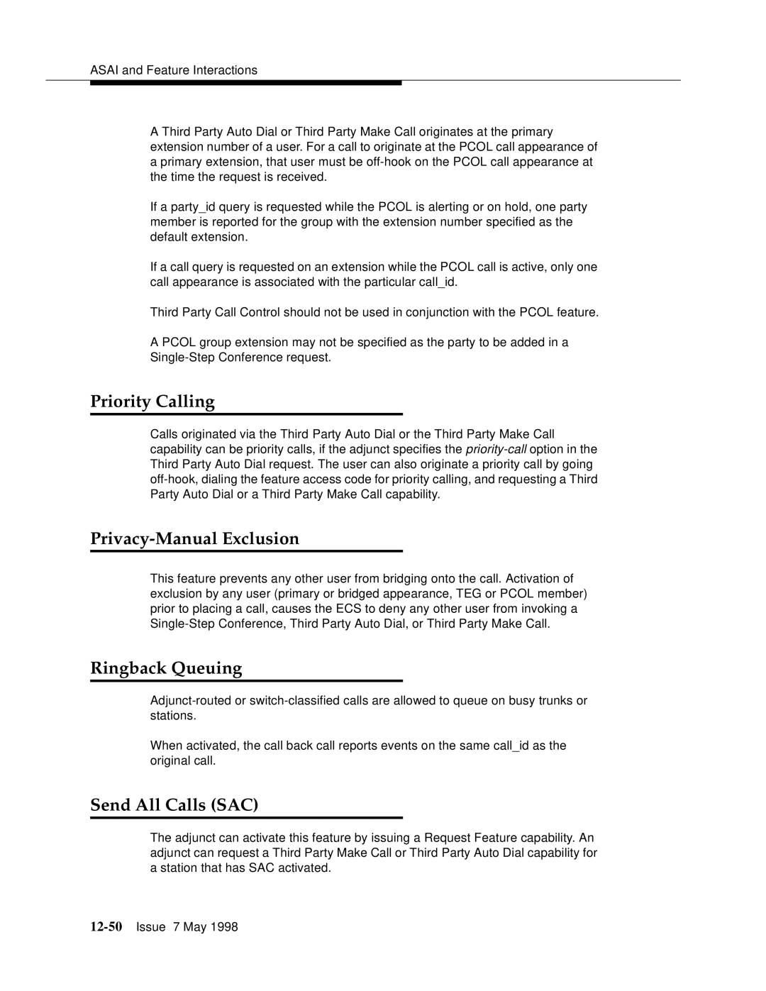 Lucent Technologies 555-230-220 manual Priority Calling, Privacy-Manual Exclusion, Ringback Queuing, Send All Calls SAC 