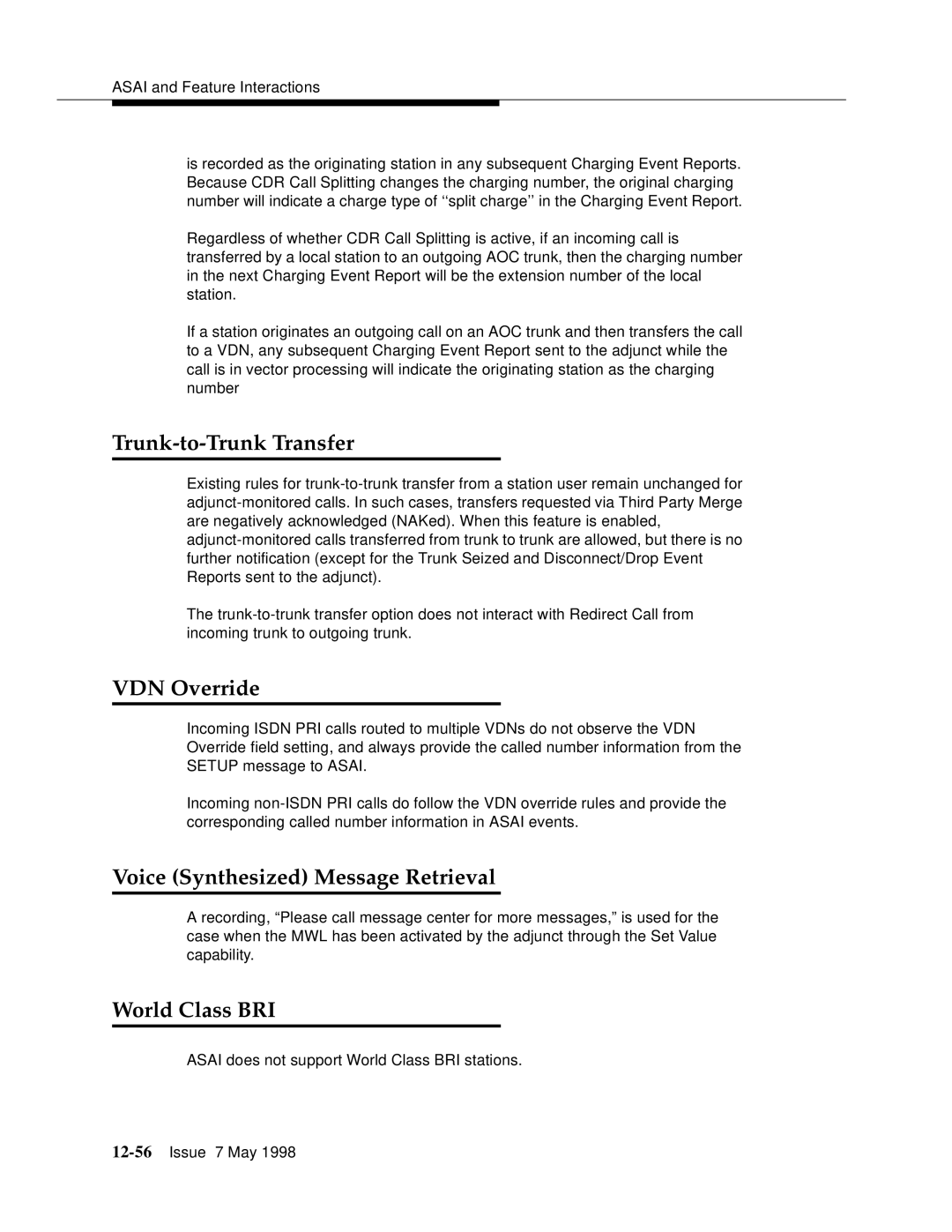 Lucent Technologies 555-230-220 manual Trunk-to-Trunk Transfer, VDN Override, Voice Synthesized Message Retrieval 