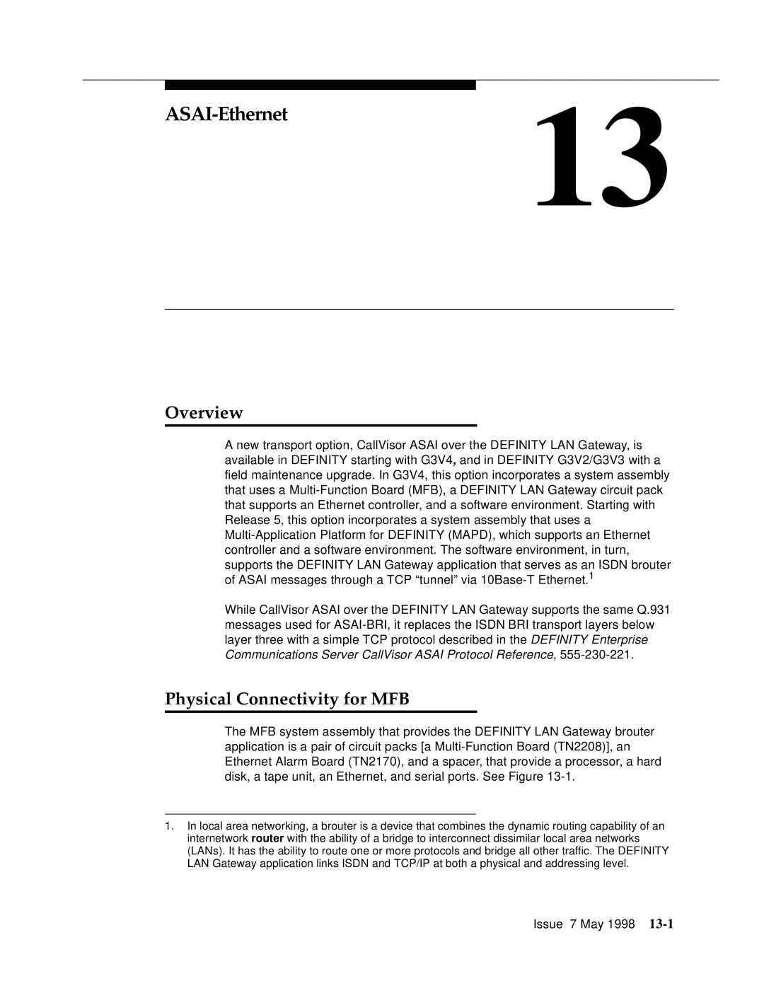 Lucent Technologies 555-230-220 manual ASAI-Ethernet, Overview, Physical Connectivity for MFB 