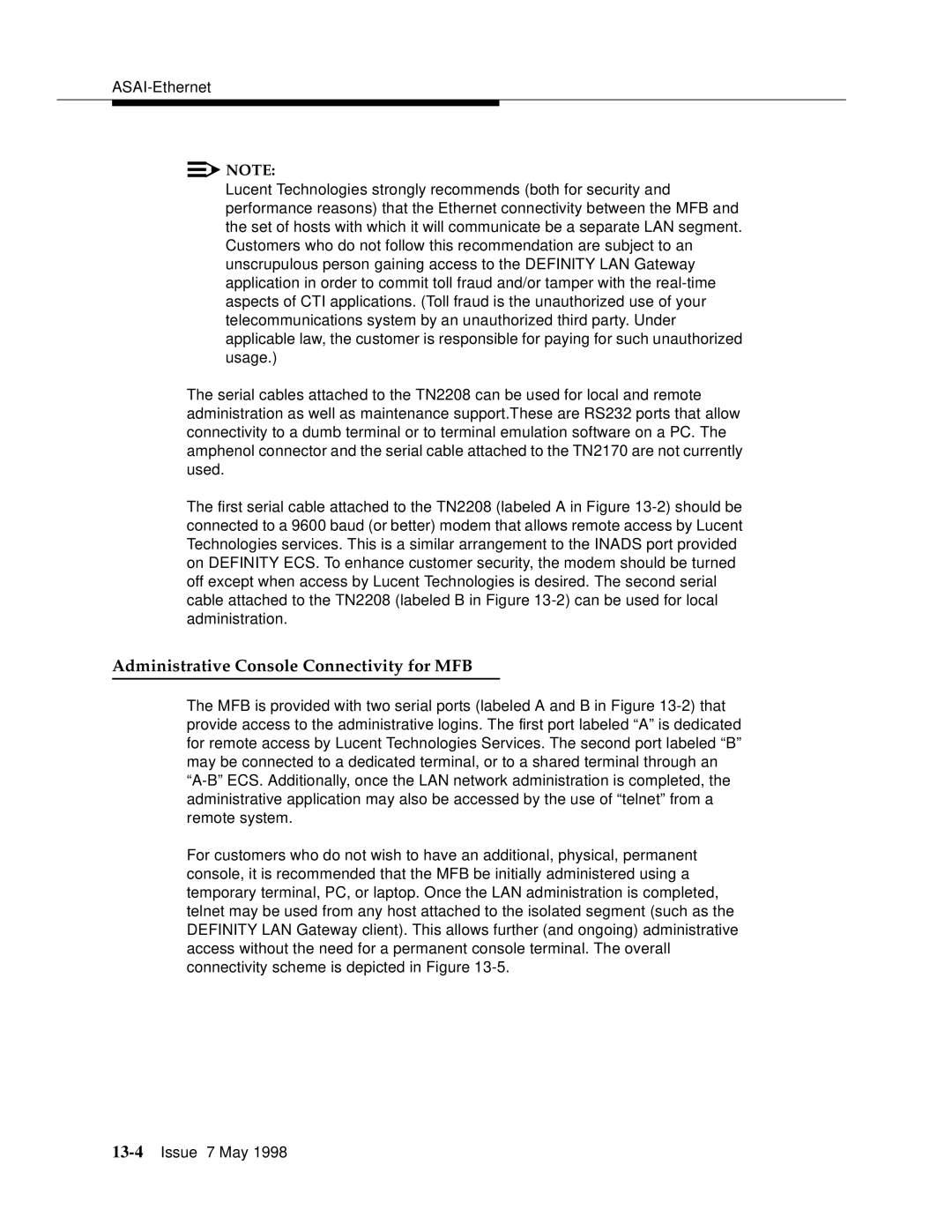 Lucent Technologies 555-230-220 manual Administrative Console Connectivity for MFB 