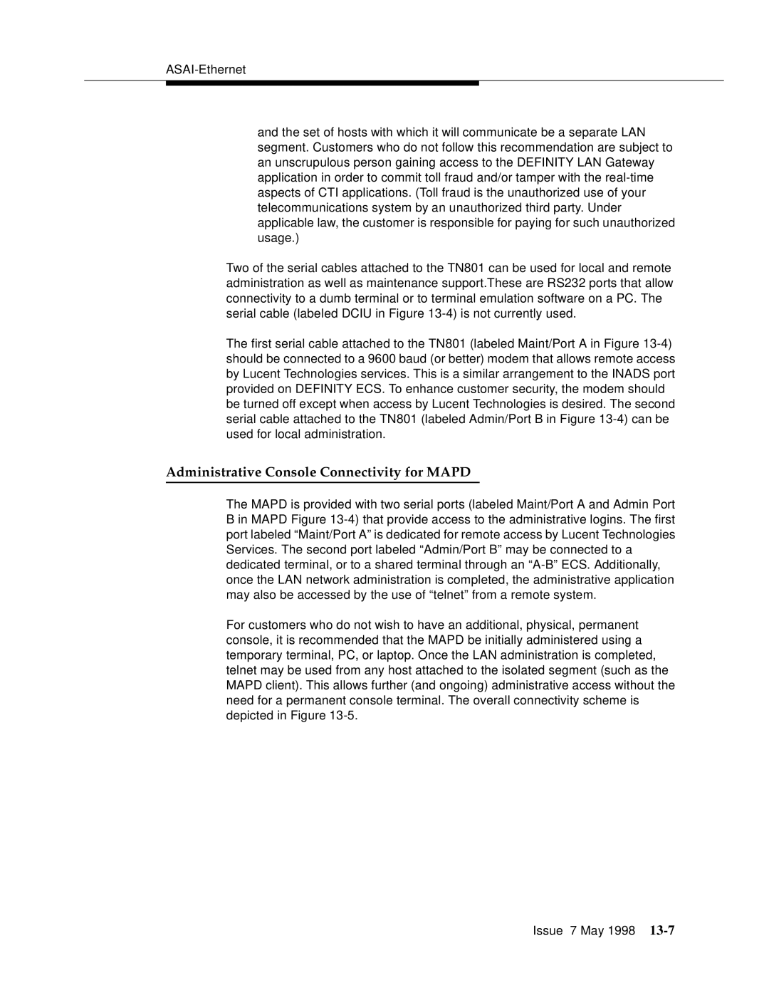 Lucent Technologies 555-230-220 manual Administrative Console Connectivity for Mapd 