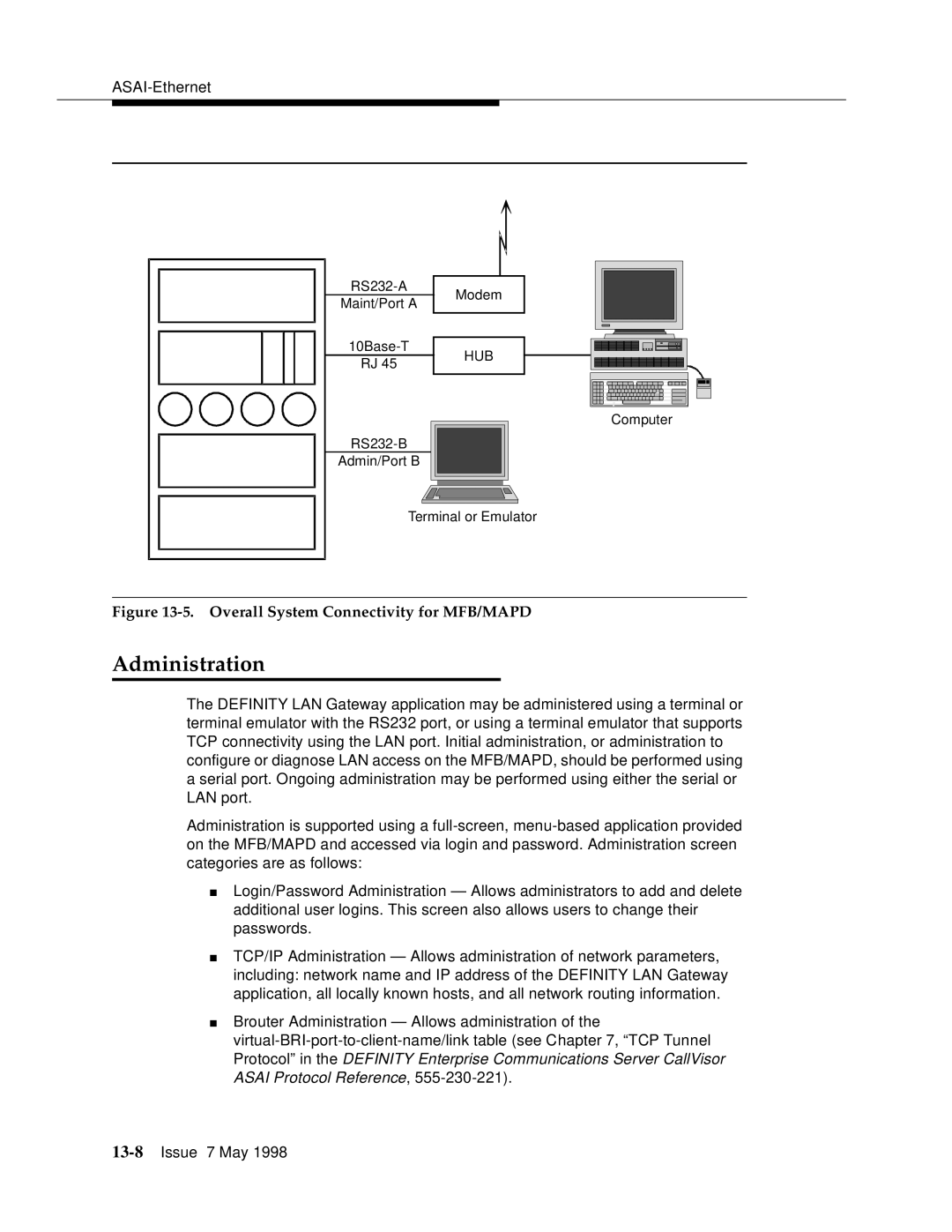 Lucent Technologies 555-230-220 manual Administration, Overall System Connectivity for MFB/MAPD 