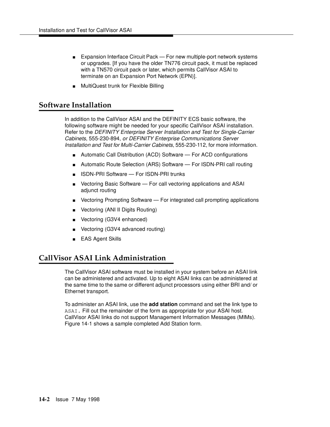 Lucent Technologies 555-230-220 manual Software Installation, CallVisor Asai Link Administration 