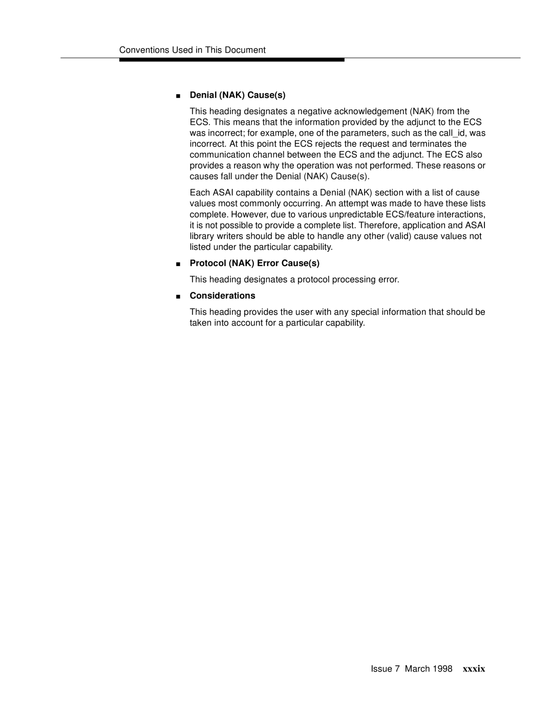 Lucent Technologies 555-230-220 manual Denial NAK Causes, Protocol NAK Error Causes, Considerations 