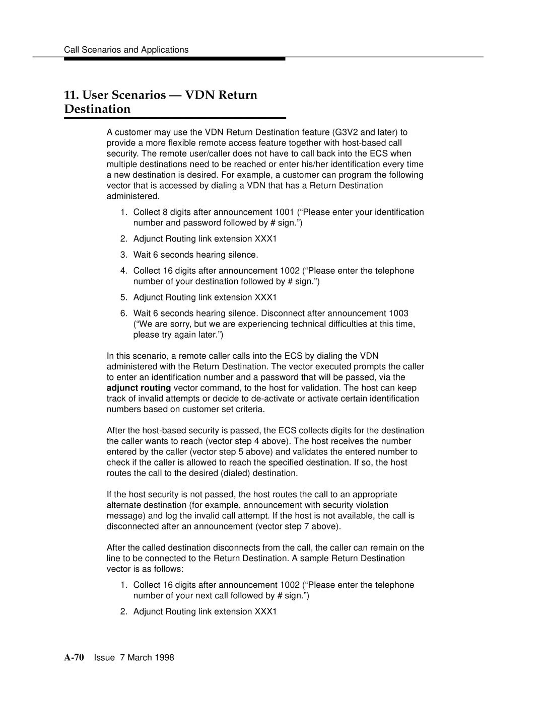 Lucent Technologies 555-230-220 manual User Scenarios VDN Return Destination 