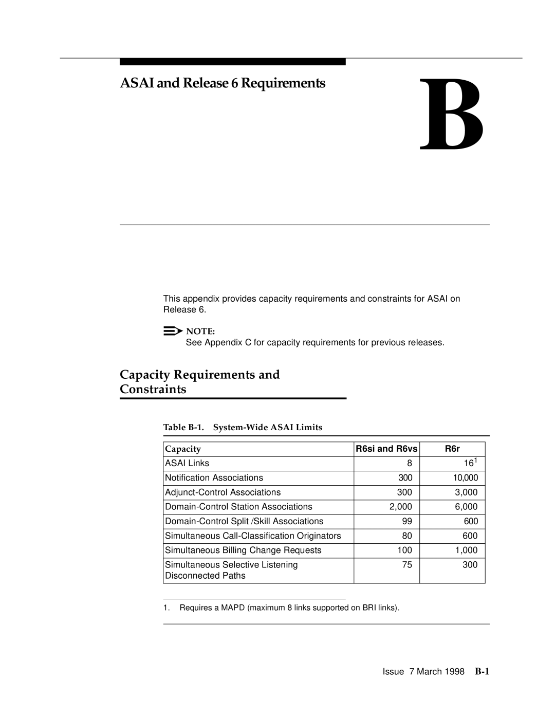 Lucent Technologies 555-230-220 Asai and Release 6 Requirements, Capacity Requirements Constraints, R6si and R6vs R6r 