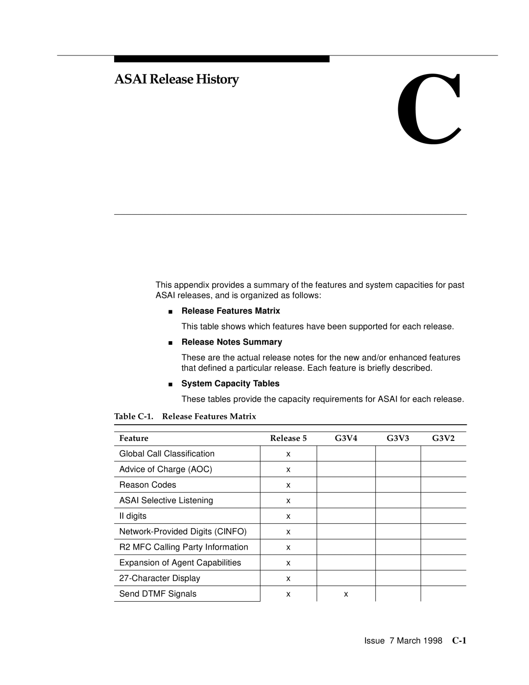 Lucent Technologies 555-230-220 manual Asai Release History, Release Features Matrix, Release Notes Summary 